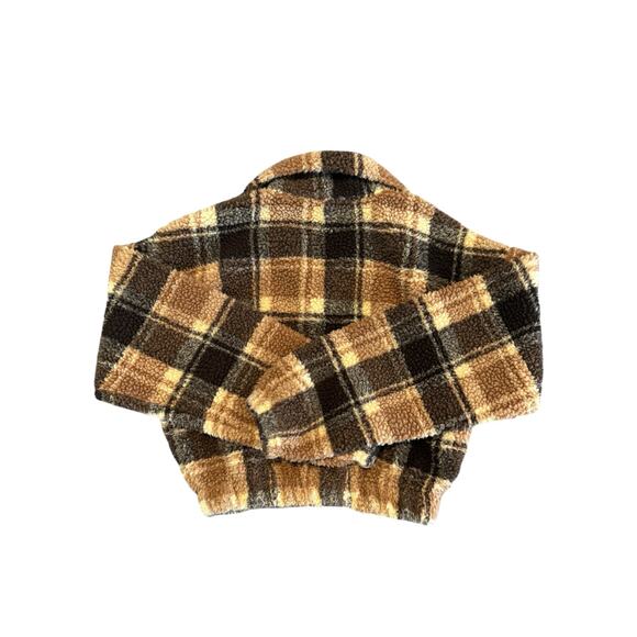 ZAFUL Plaid Teddy Zip Jacket Sherpa Fleece Brown Beige Crop Coat SZ 6 Medium - Picture 6 of 10